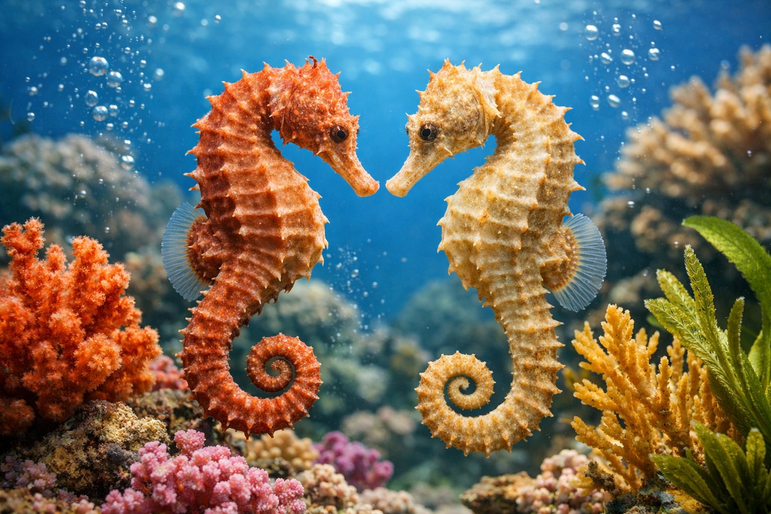 Two seahorses facing each other underwater among coral and seaweed.