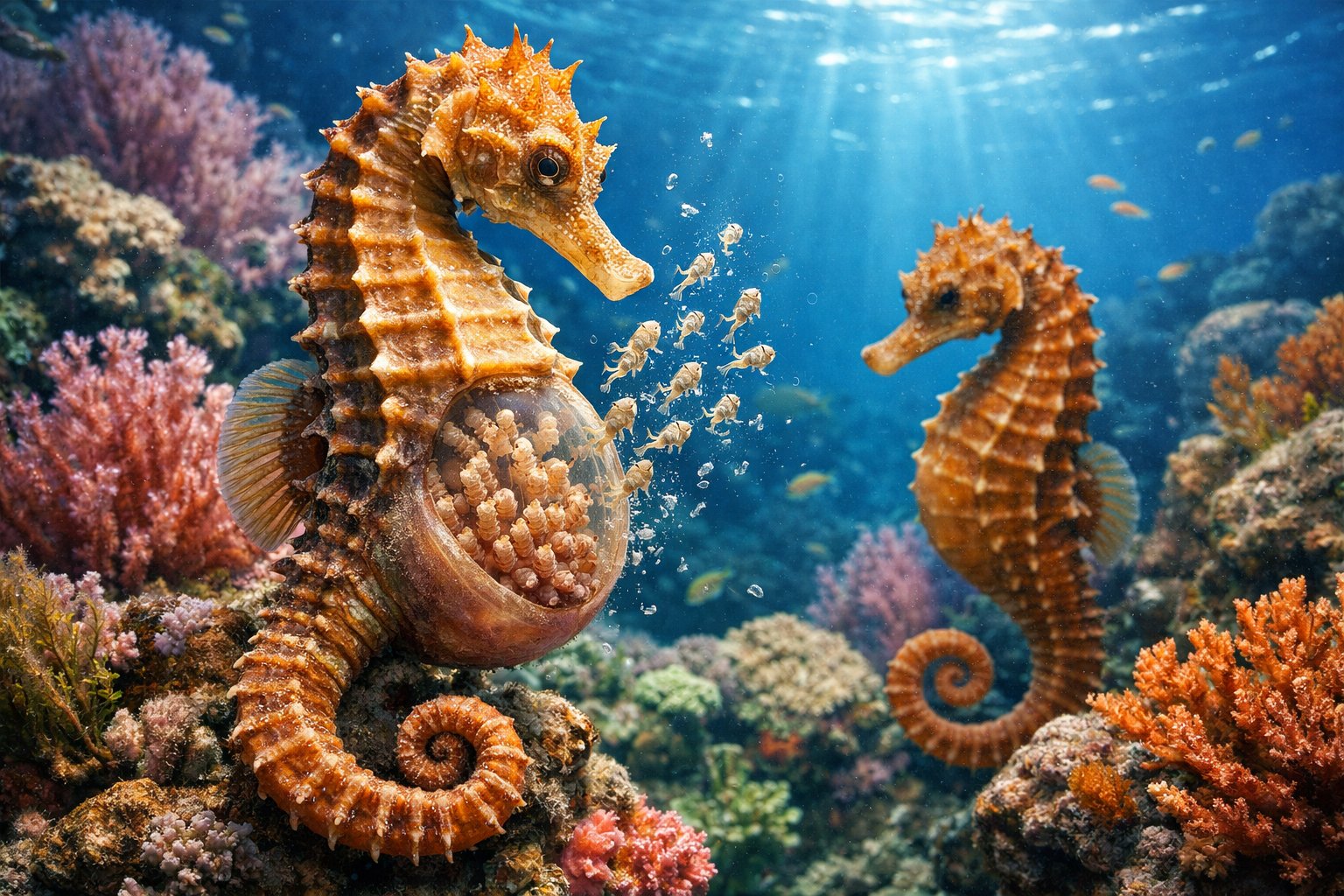 Two male seahorses underwater near a coral reef, one carrying tiny embryos in its brood pouch.