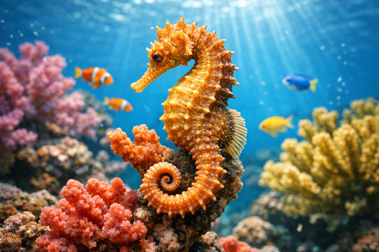 A close-up of a seahorse holding onto coral underwater with fish and sunlight in the background.
