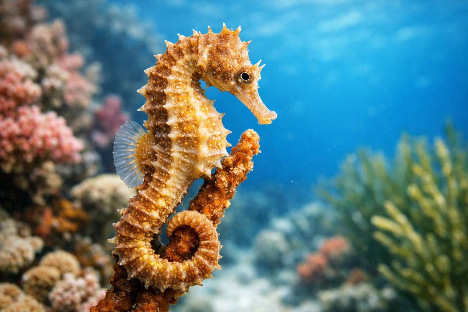 A close-up of a seahorse clinging to coral underwater with colorful reefs and marine plants in the background.