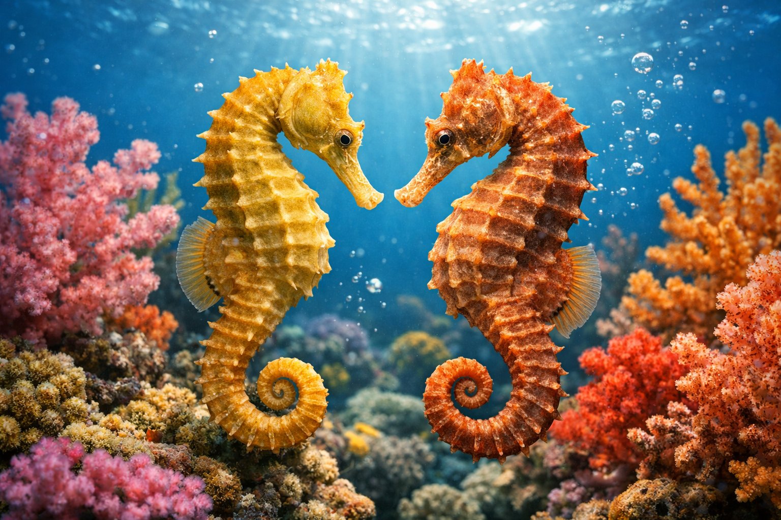 Two seahorses facing each other underwater among colorful coral and clear blue water.