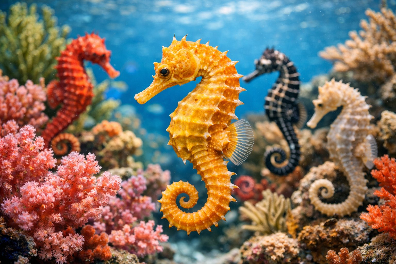 A close-up underwater view of a seahorse swimming near coral reefs with other seahorses in the background.