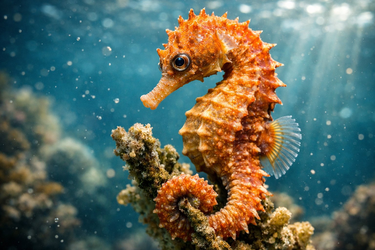 Close-up underwater view of a seahorse clinging to coral with sunlight filtering through the water.