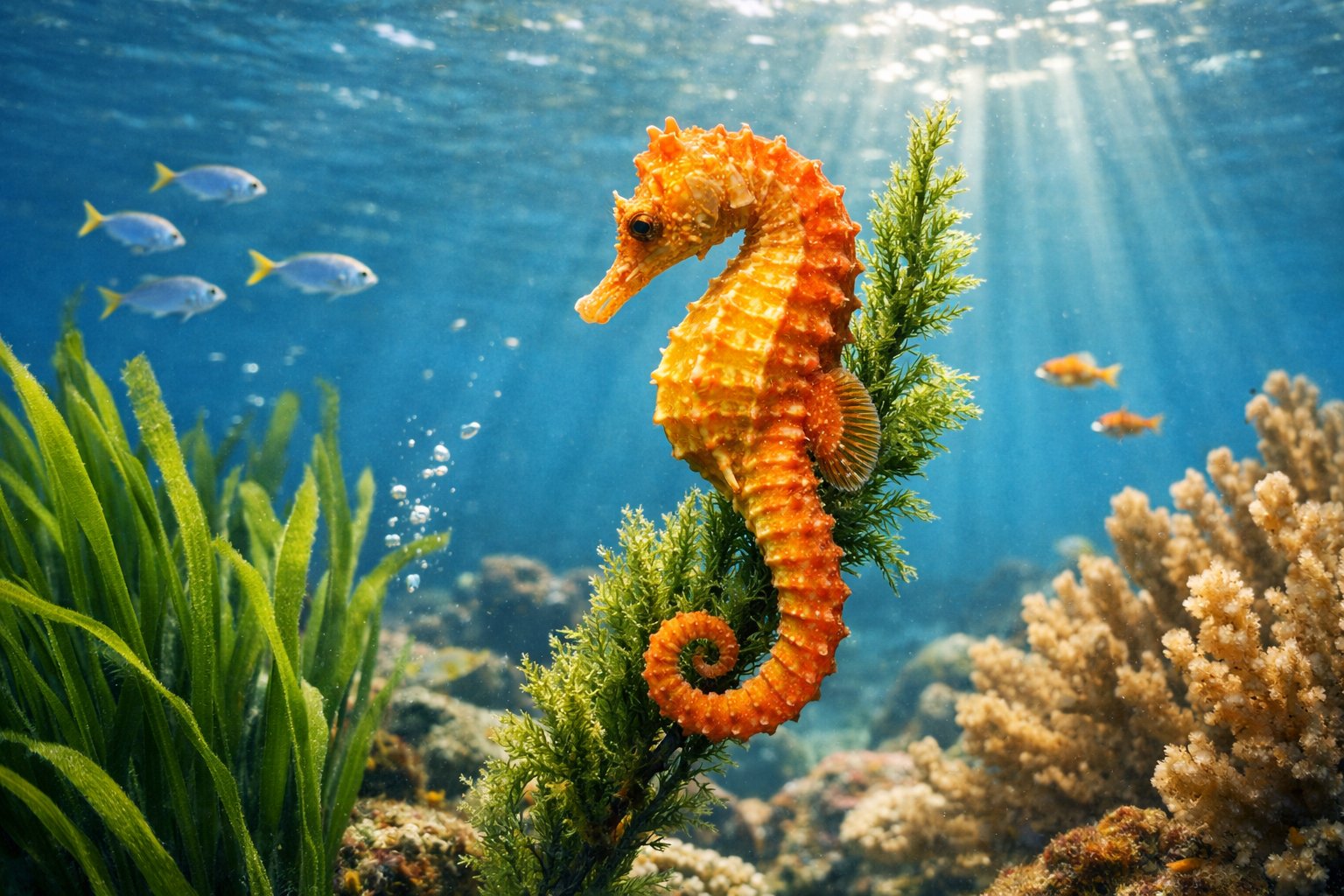 Close-up of a seahorse clinging to coral underwater with sunlight filtering through clear ocean water and marine plants around it.
