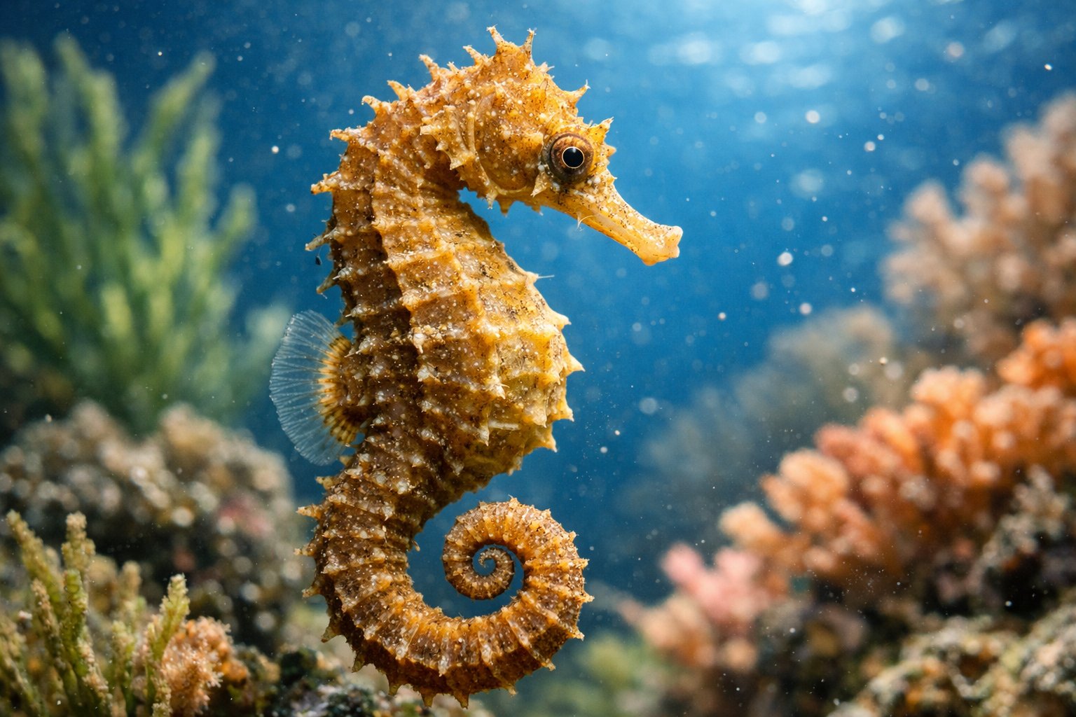 Close-up underwater image of a seahorse among aquatic plants and coral in clear blue water.