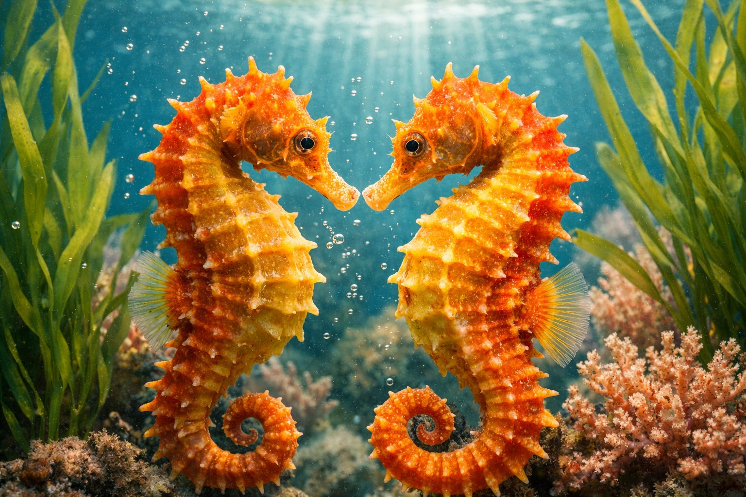 Two seahorses facing each other closely among seaweed and coral underwater.