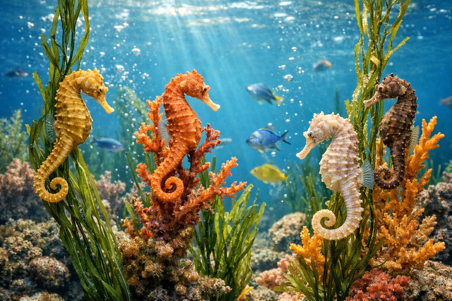 Several seahorses clinging to underwater plants in a clear ocean environment with sunlight filtering through.