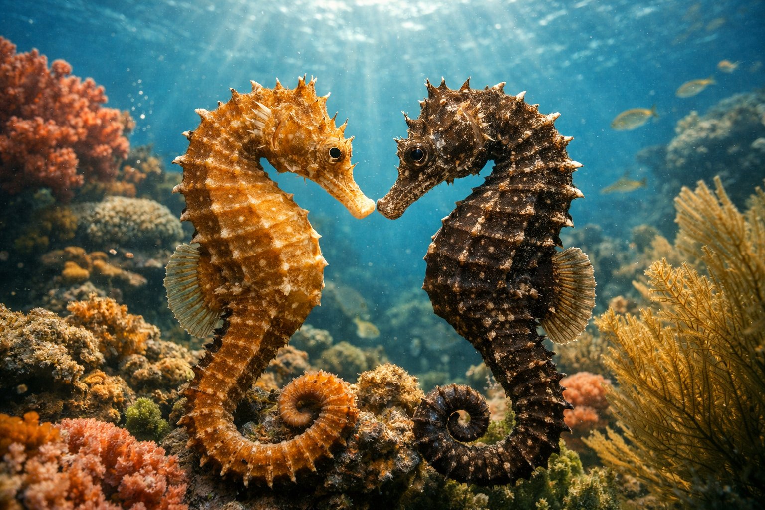 Two seahorses facing each other closely among coral and sea plants underwater.