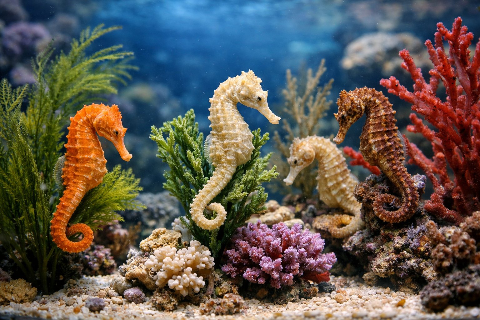 Several seahorses clinging to underwater plants in a clear marine aquarium.