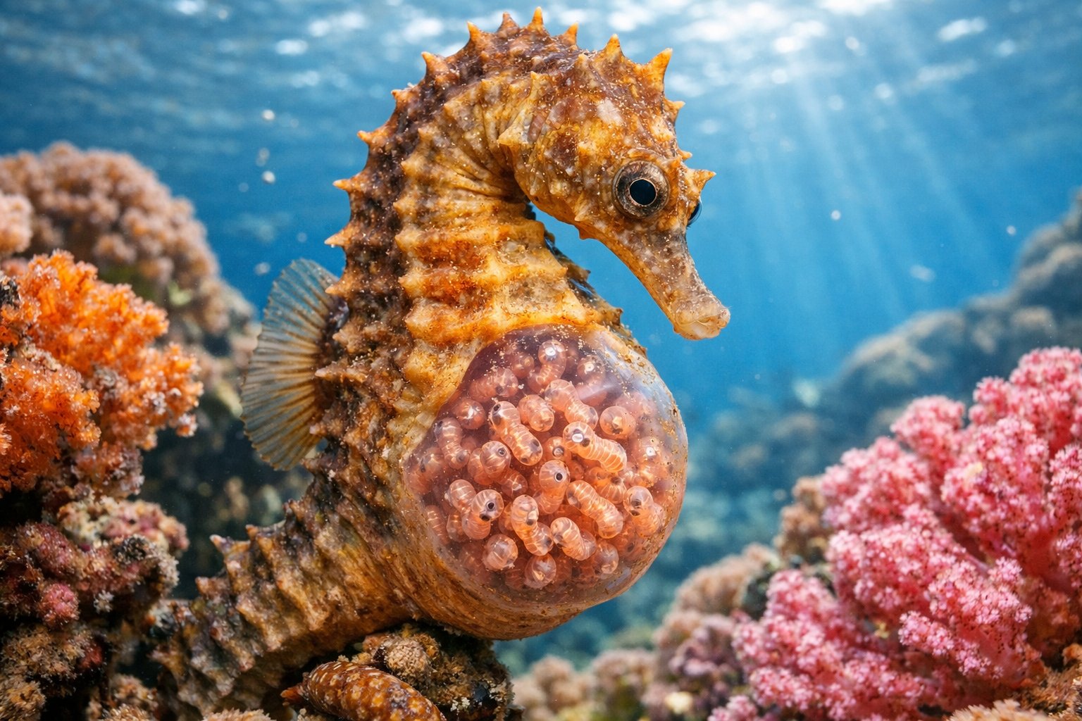 Close-up of a male seahorse carrying tiny embryos in its pouch underwater among coral reefs.