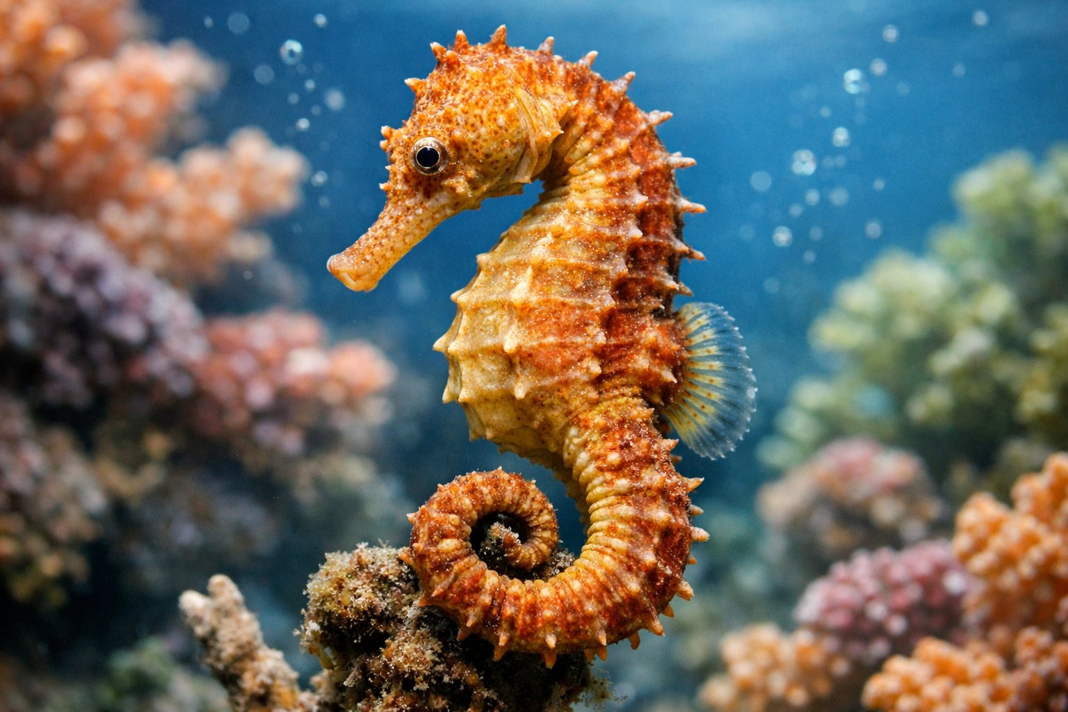 A close-up underwater image of a seahorse gripping coral with its tail surrounded by colorful coral reefs.