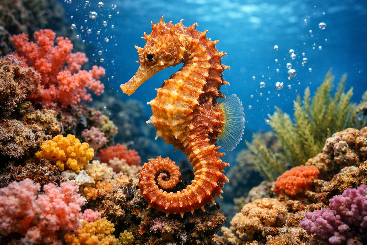 A close-up of a seahorse swimming among coral and sea plants underwater.
