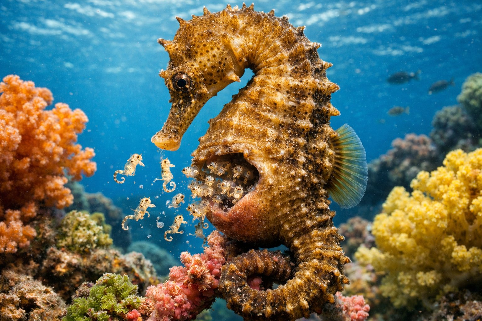 Male seahorse underwater carrying baby seahorses emerging from its pouch near colorful coral.