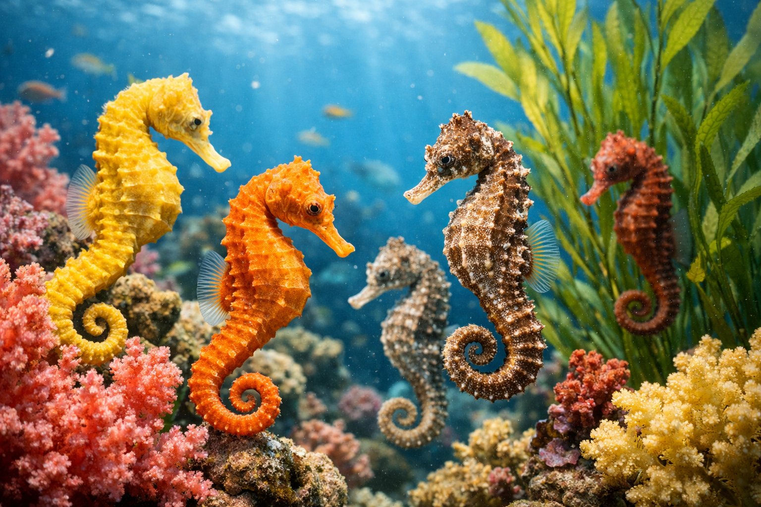 Several seahorses floating among coral reefs and seaweed underwater.