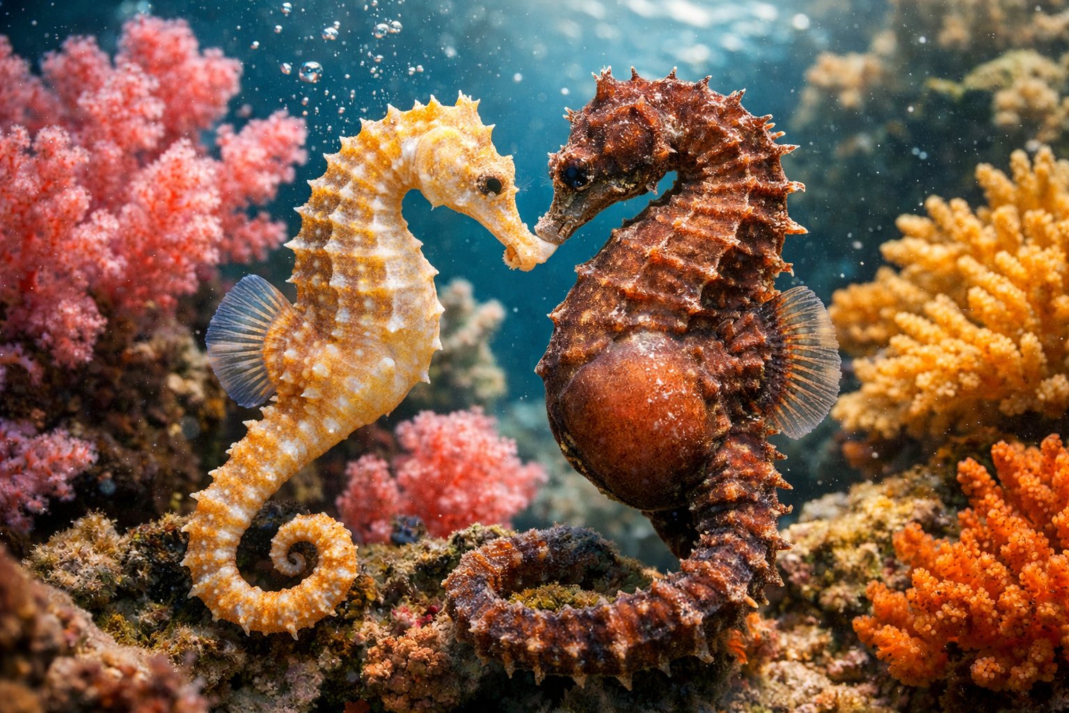 A close-up underwater scene of a female seahorse near a male seahorse in a colorful coral reef.