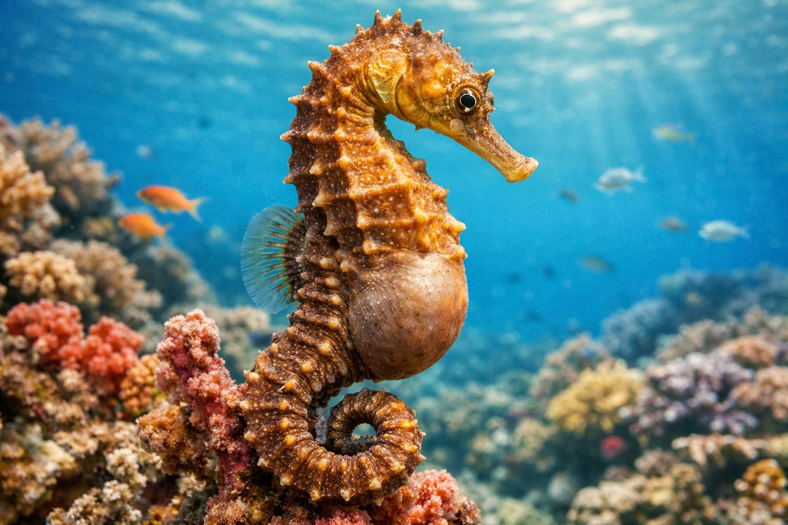 A male seahorse underwater near coral, showing its brood pouch in a colorful marine setting.