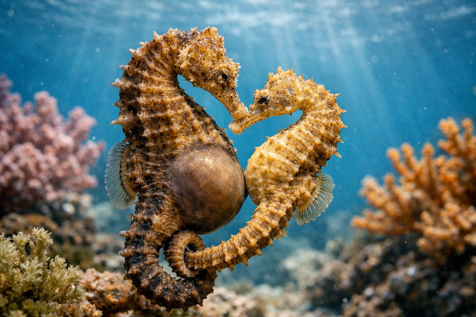 Two seahorses underwater near coral reefs, one holding the other gently in a natural marine environment.