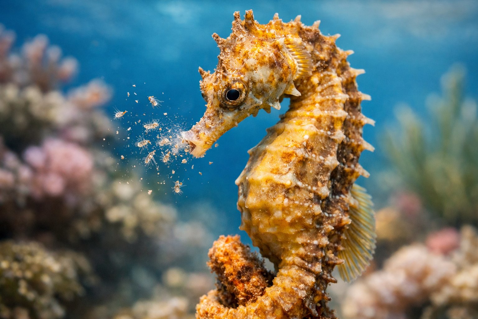 A close-up of a seahorse feeding on small plankton near coral underwater.