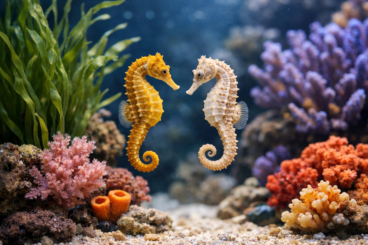 Two seahorses swimming in a clear aquarium with coral and aquatic plants.
