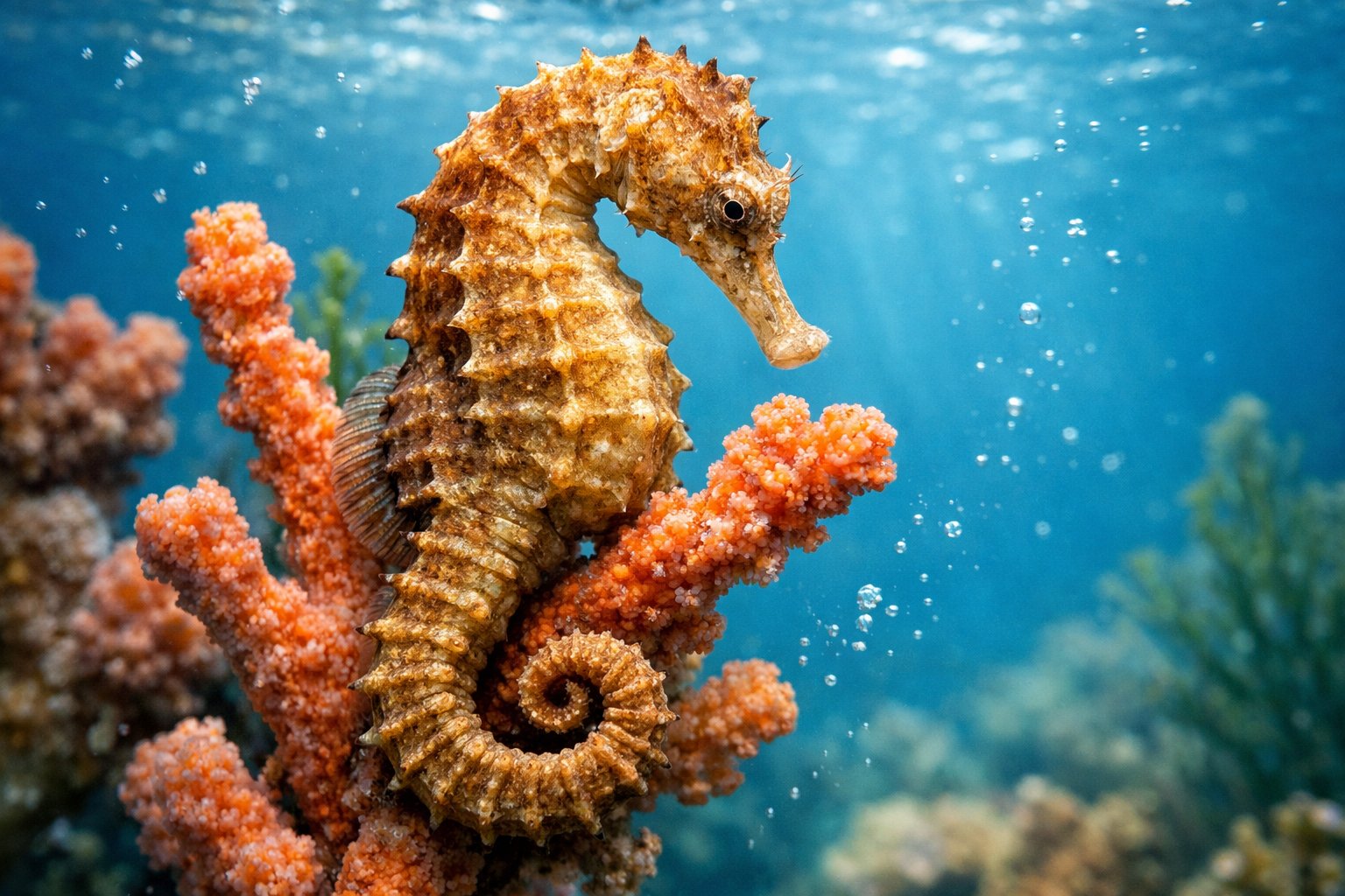 Close-up of a seahorse holding onto coral underwater with clear blue water and marine plants around it.