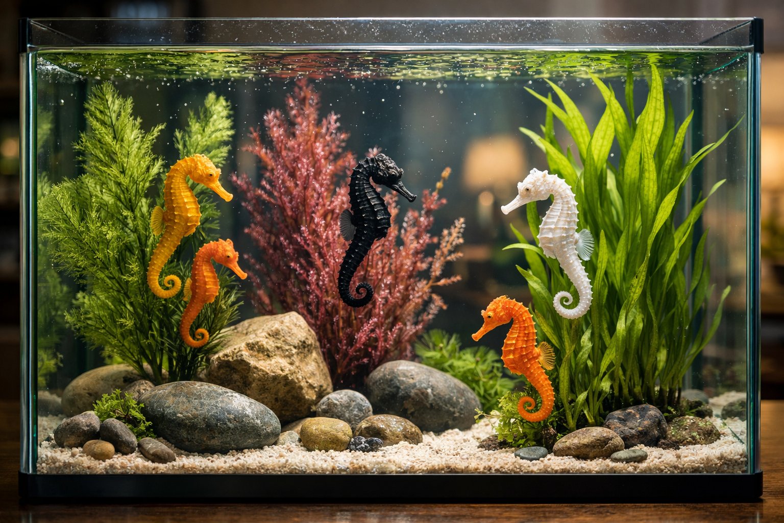 A clear aquarium with several colorful seahorses swimming among aquatic plants and rocks in a calm indoor setting.