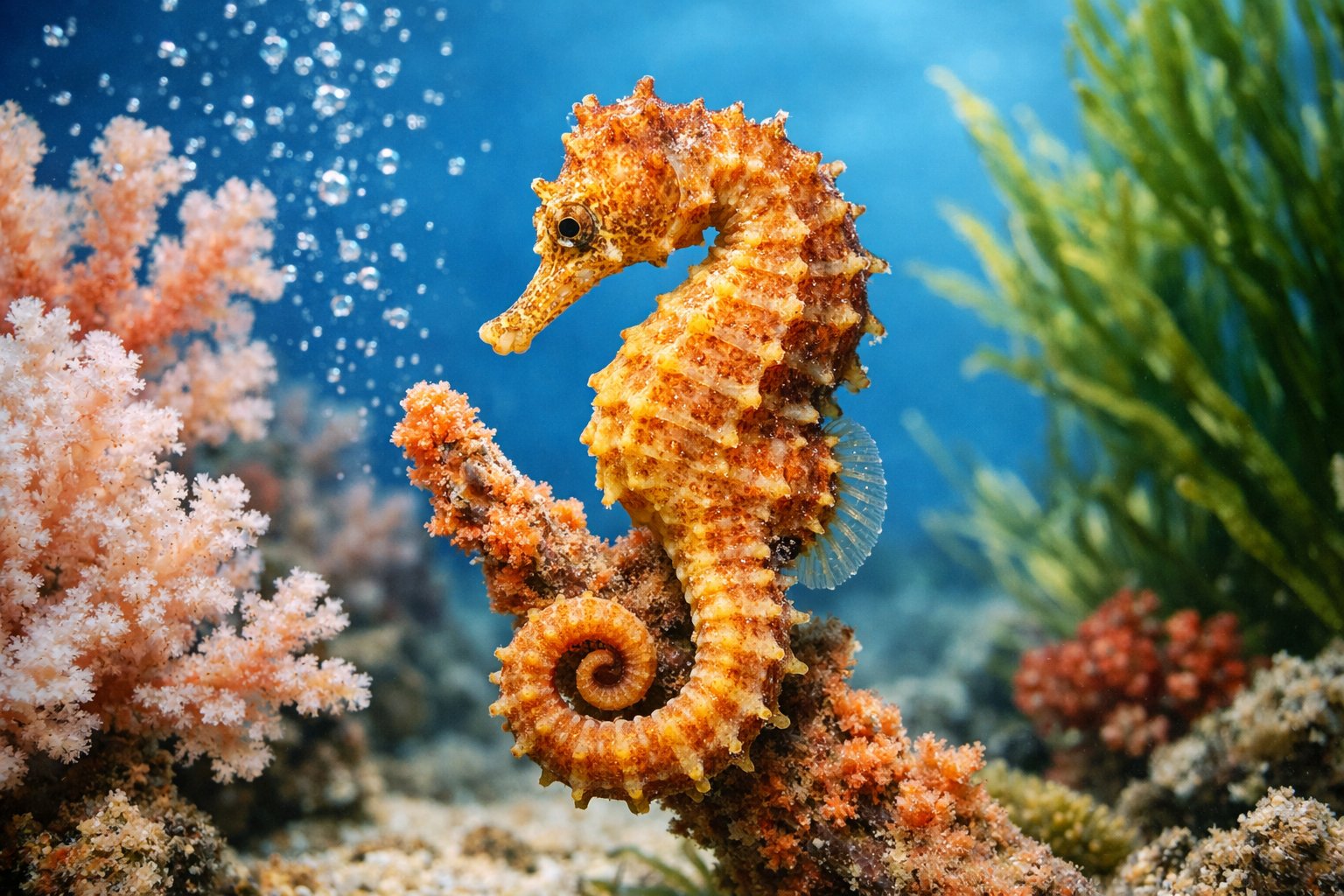 Close-up of a seahorse clinging to coral underwater surrounded by sea plants.