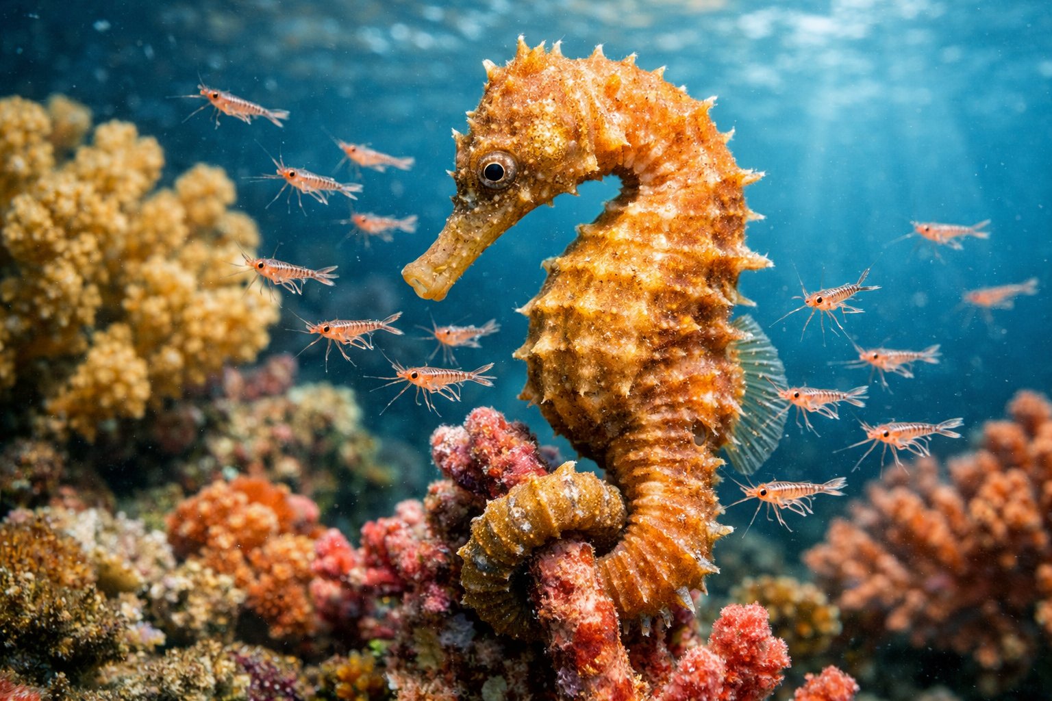 A close-up underwater scene showing a seahorse near coral with small shrimp swimming around it.