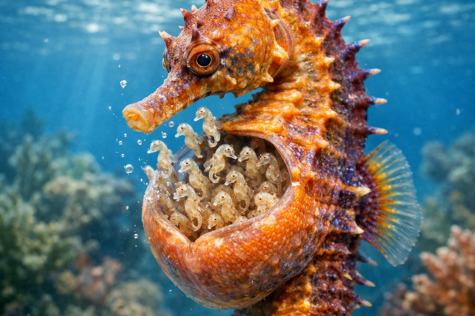 A male seahorse underwater with a brood pouch containing baby seahorses, surrounded by coral and aquatic plants.