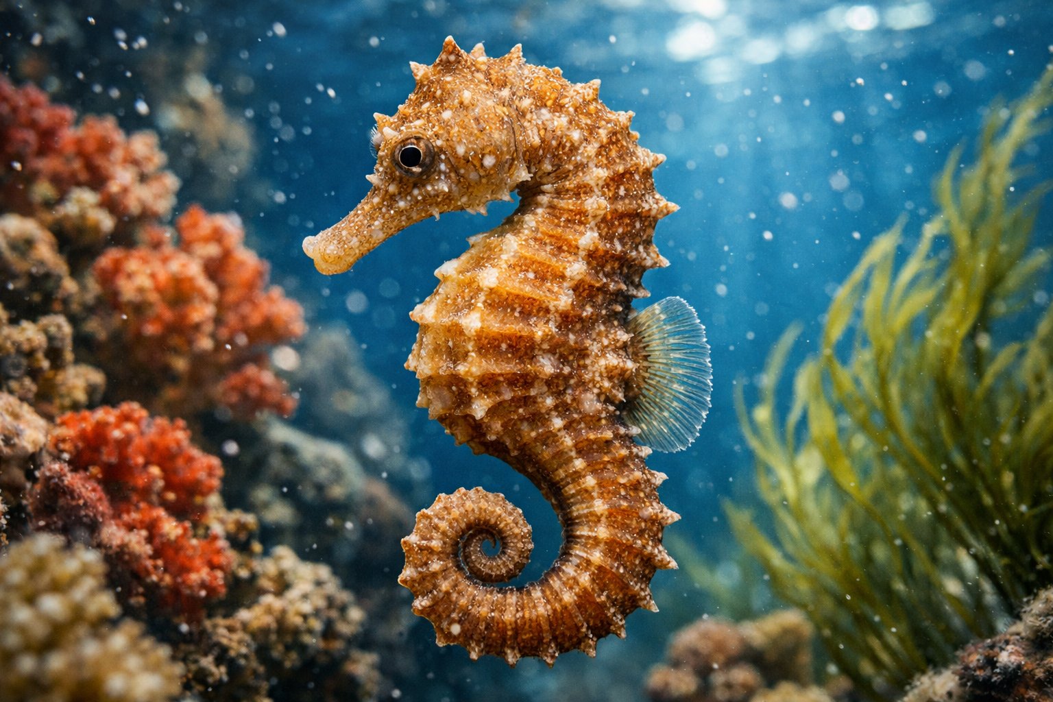 A close-up underwater scene showing a seahorse among coral and seaweed.