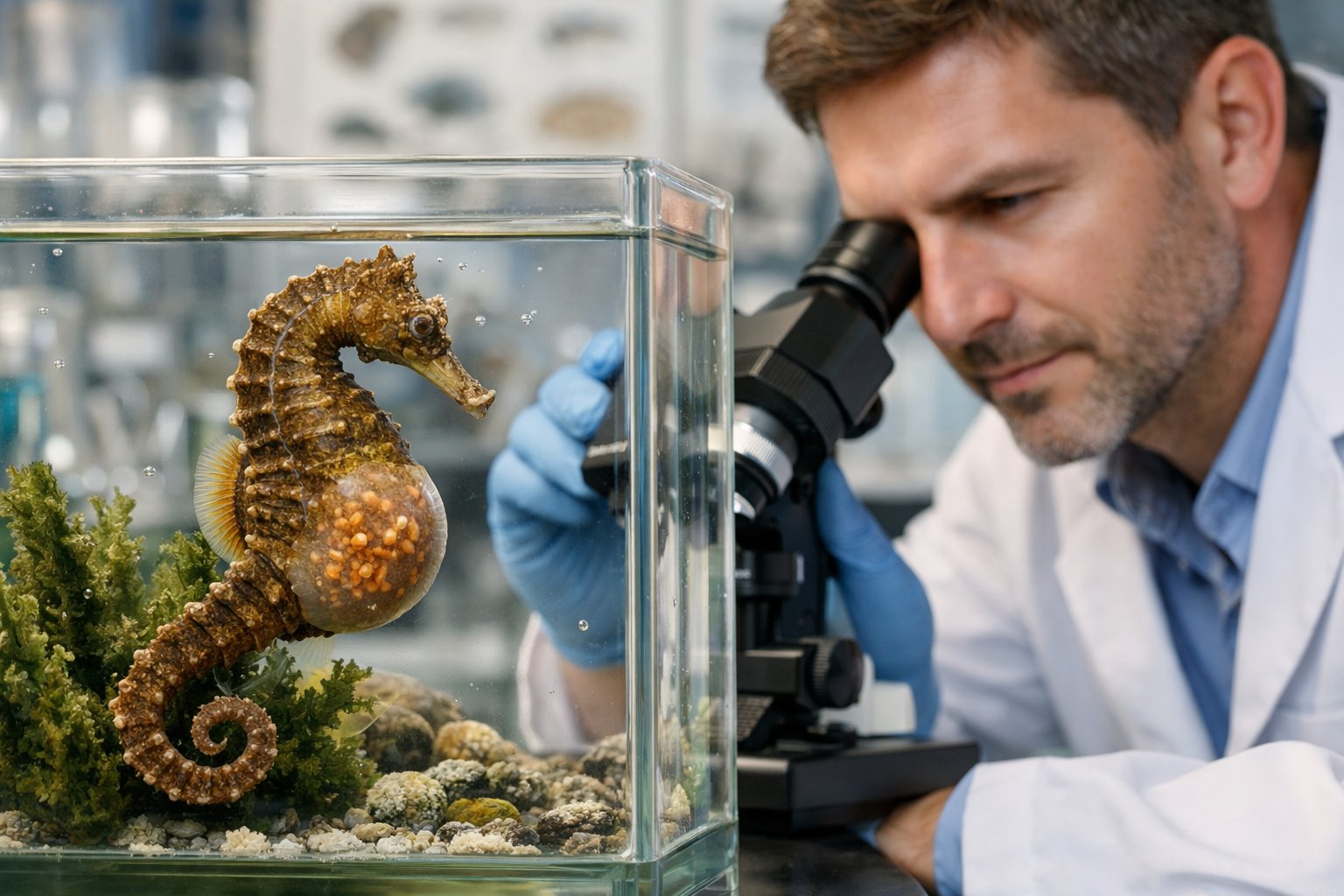 A scientist in a lab coat examining a male seahorse with a visible brood pouch inside a clear aquarium tank.