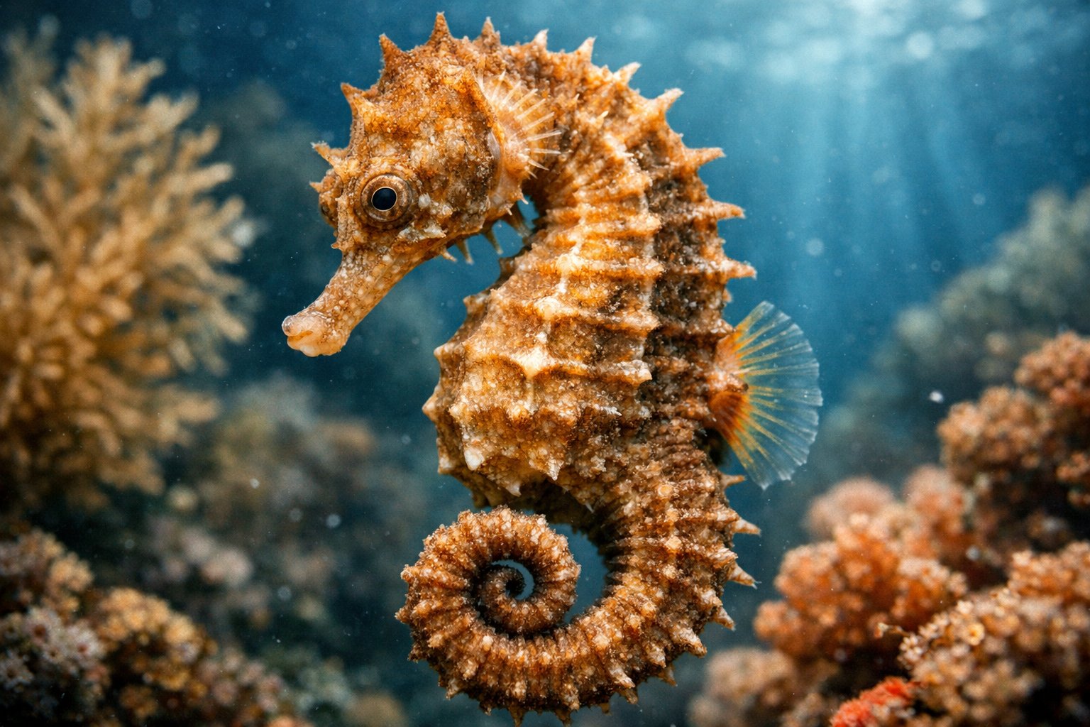Close-up underwater view of a seahorse among aquatic plants and coral.