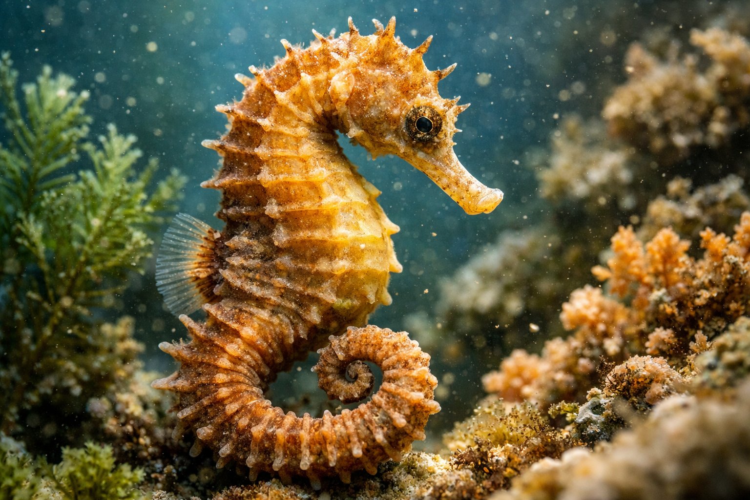 Close-up underwater image of a seahorse among aquatic plants and corals.
