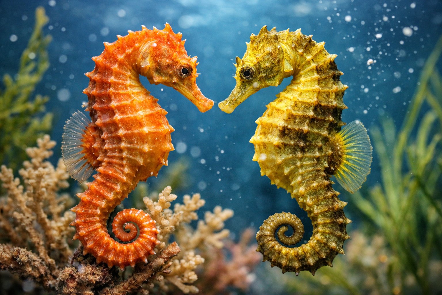 Two seahorses facing each other underwater among coral and seaweed.