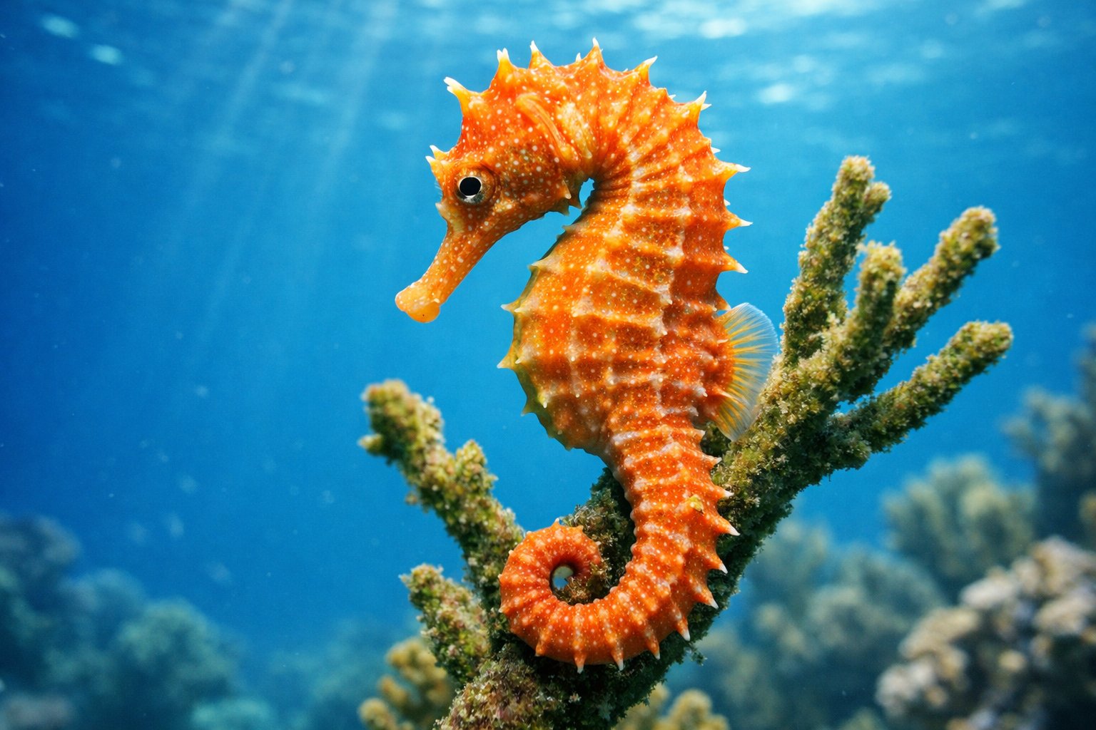 A close-up underwater view of a seahorse holding onto coral in a clear ocean environment.