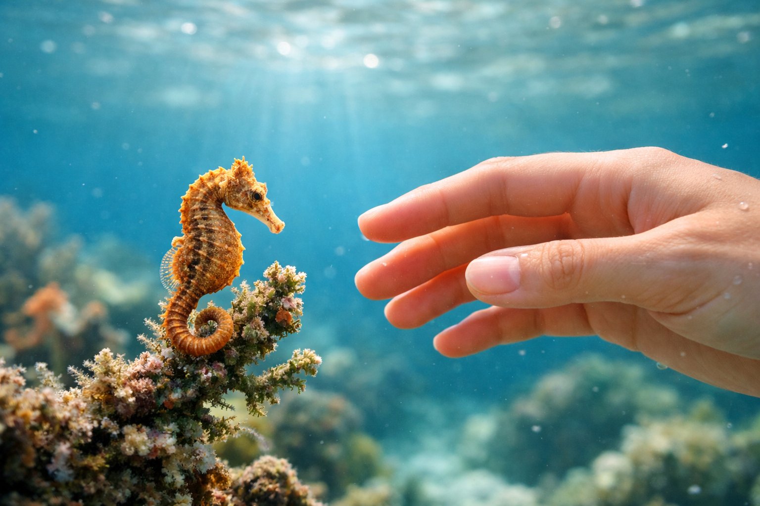 A person gently reaching out their hand towards a small seahorse underwater among coral and seaweed.