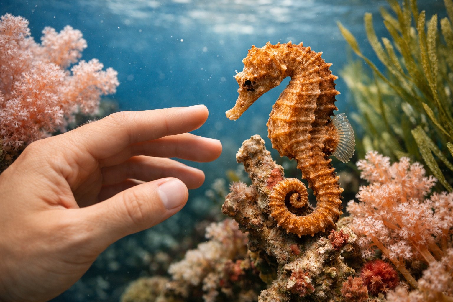 A human hand gently reaching toward a seahorse underwater among coral and seaweed.