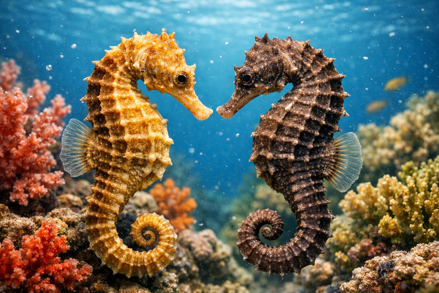 Close-up underwater view of two seahorses among coral reefs in clear blue water.