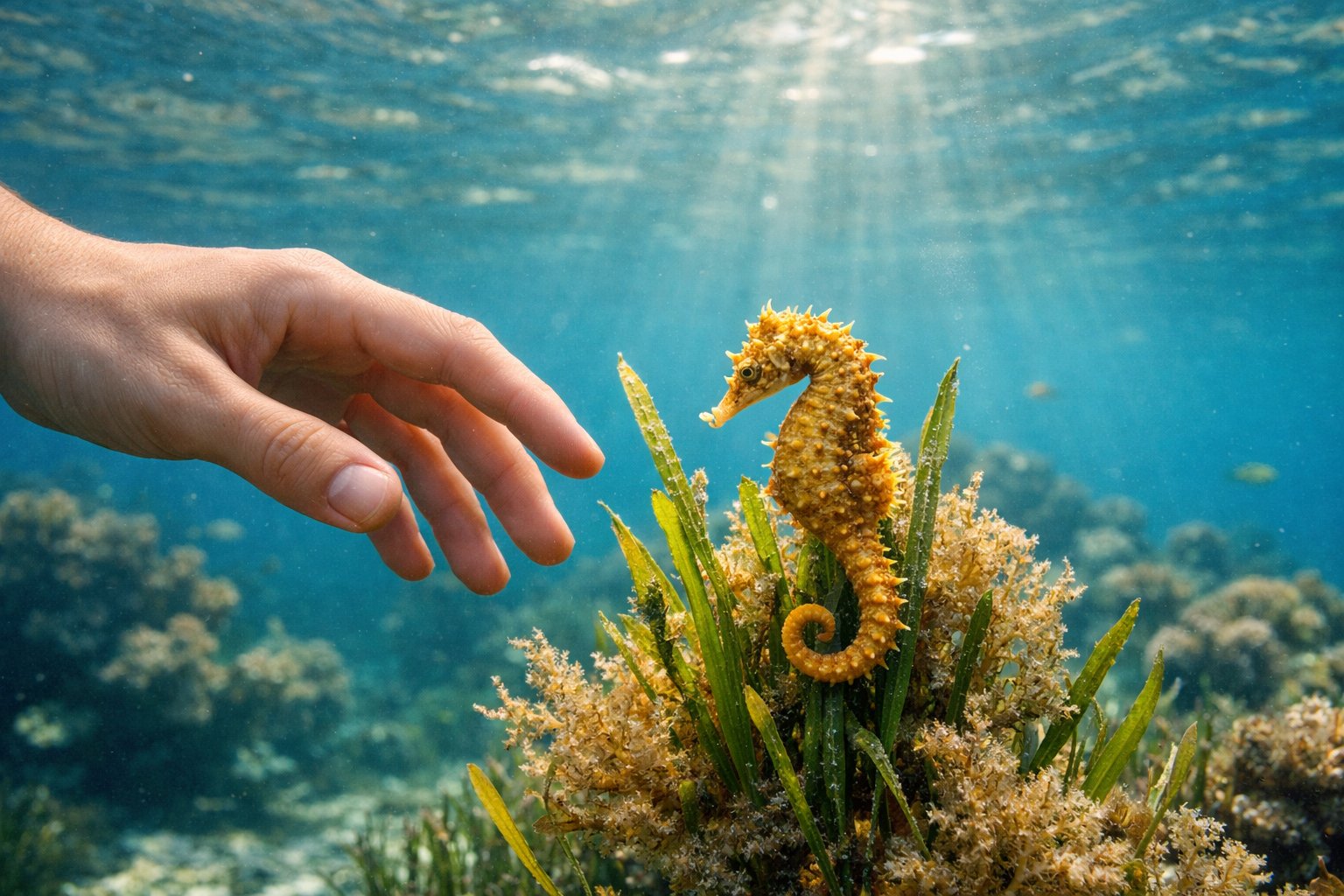 A human hand gently reaching towards a small seahorse clinging to underwater plants in a clear ocean environment.