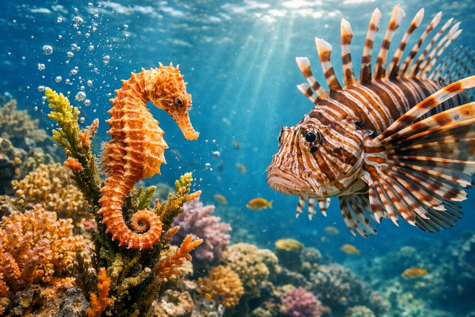 A seahorse clinging to coral underwater with a larger predatory fish approaching nearby in a colorful coral reef.