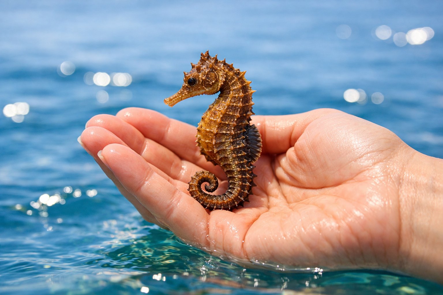 A seahorse being gently held above the water by a human hand with a clear ocean background.