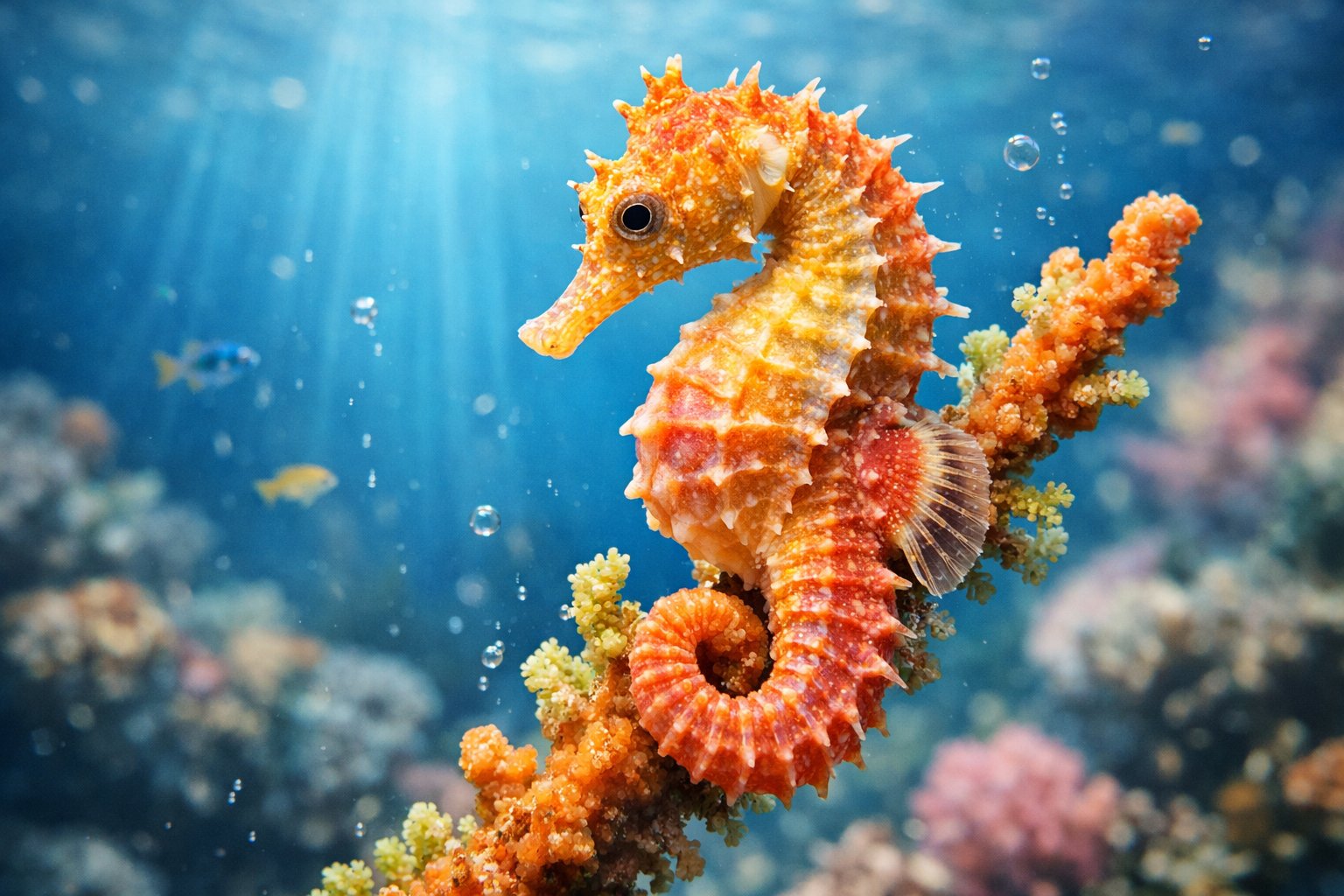 Close-up of a seahorse clinging to coral underwater with a blurred ocean background.