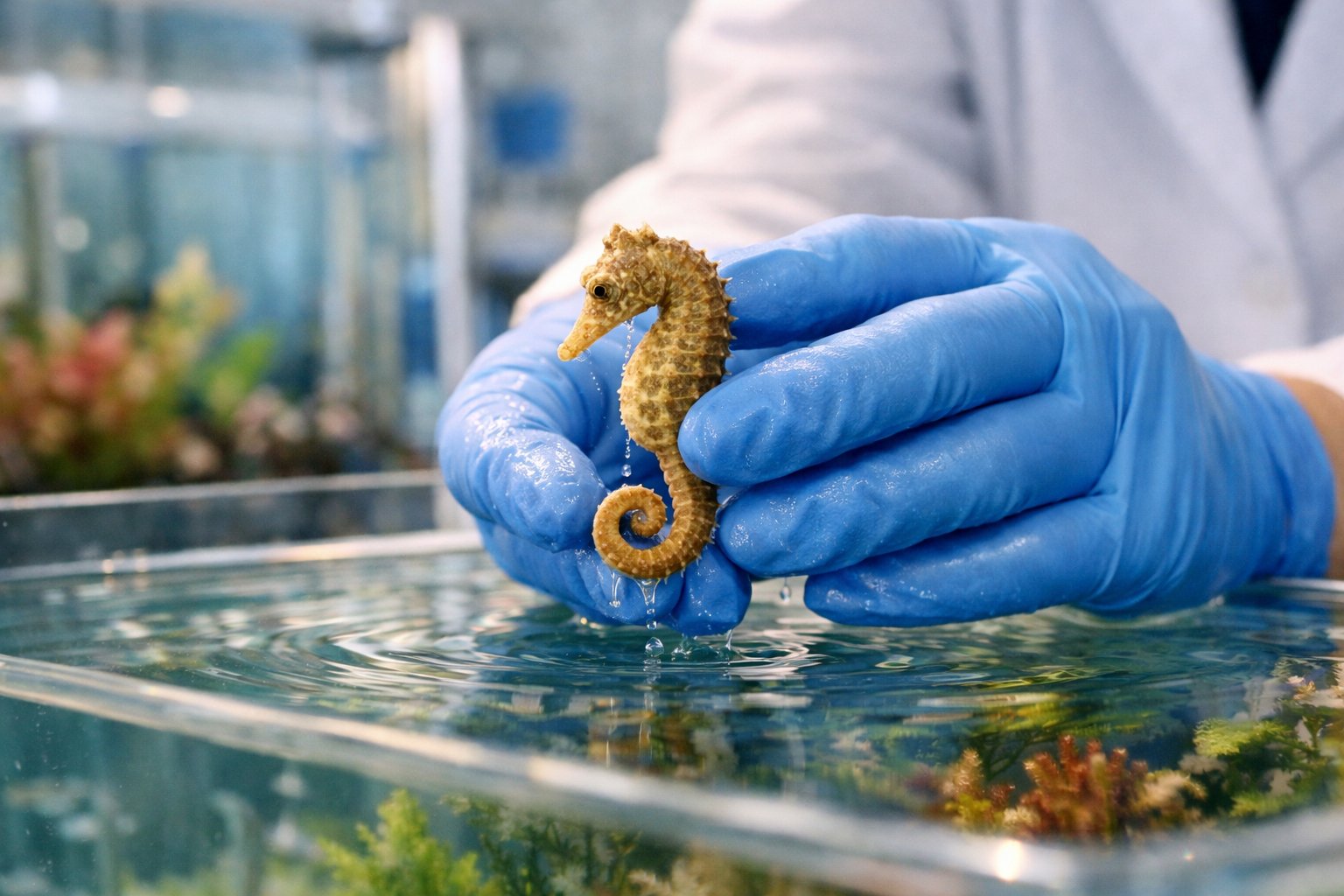 A person gently holding a seahorse above the water surface inside an aquarium tank.