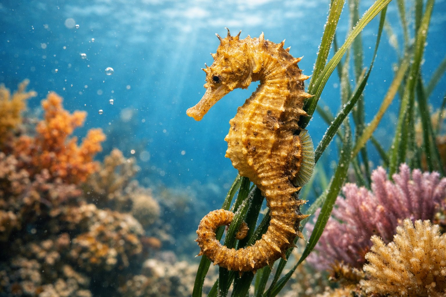 A close-up of a seahorse attached to underwater plants in a clear blue ocean environment.