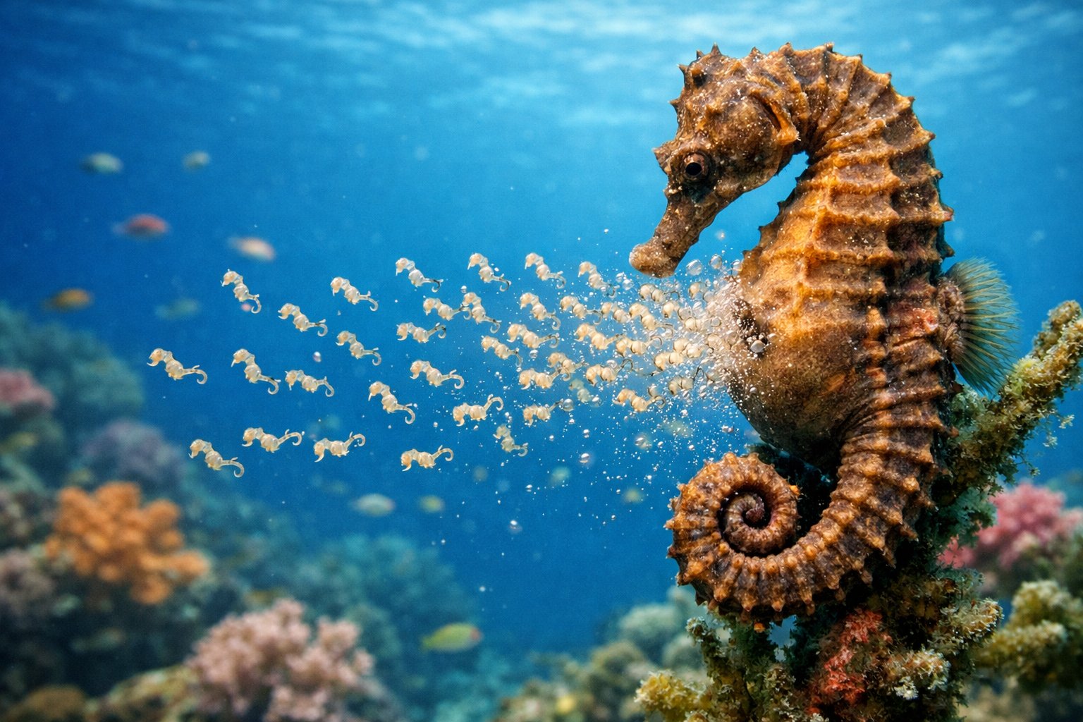 A male seahorse releasing many tiny baby seahorses into clear ocean water near coral.