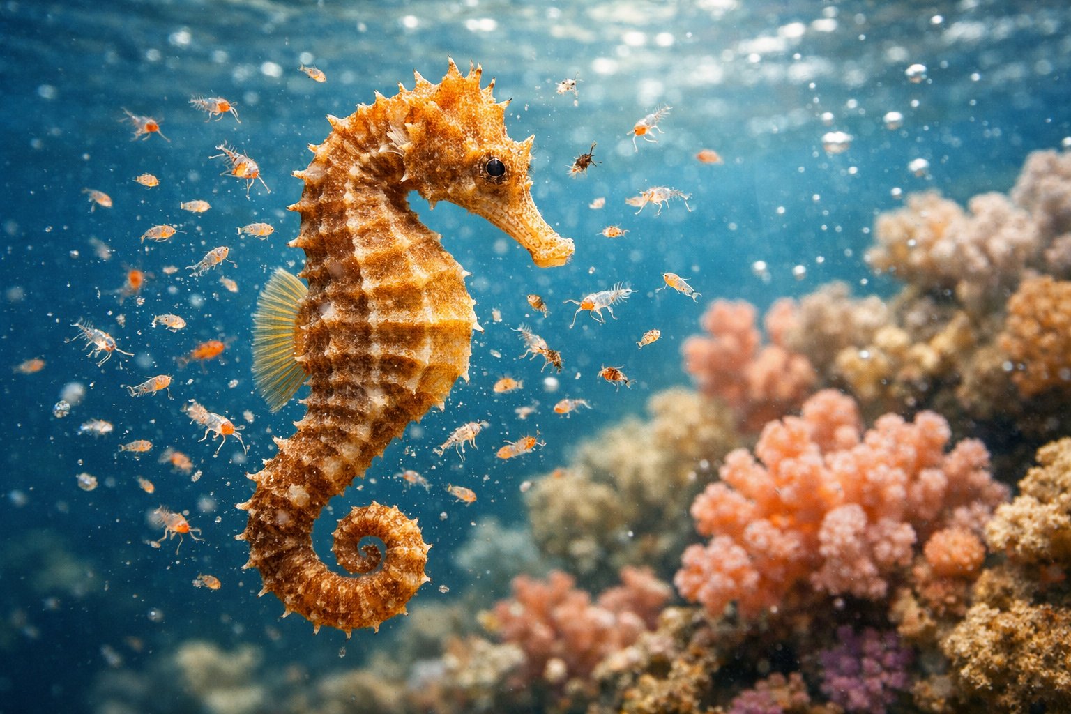 Close-up of a seahorse floating near coral with small plankton and tiny crustaceans around it underwater.