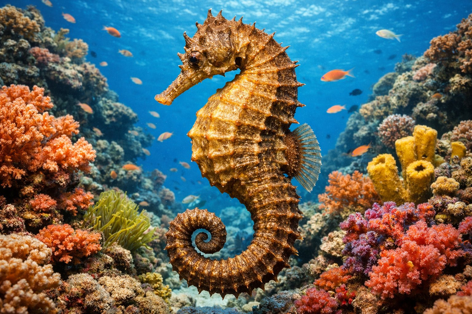 A large seahorse swimming near colorful coral and sea plants underwater.