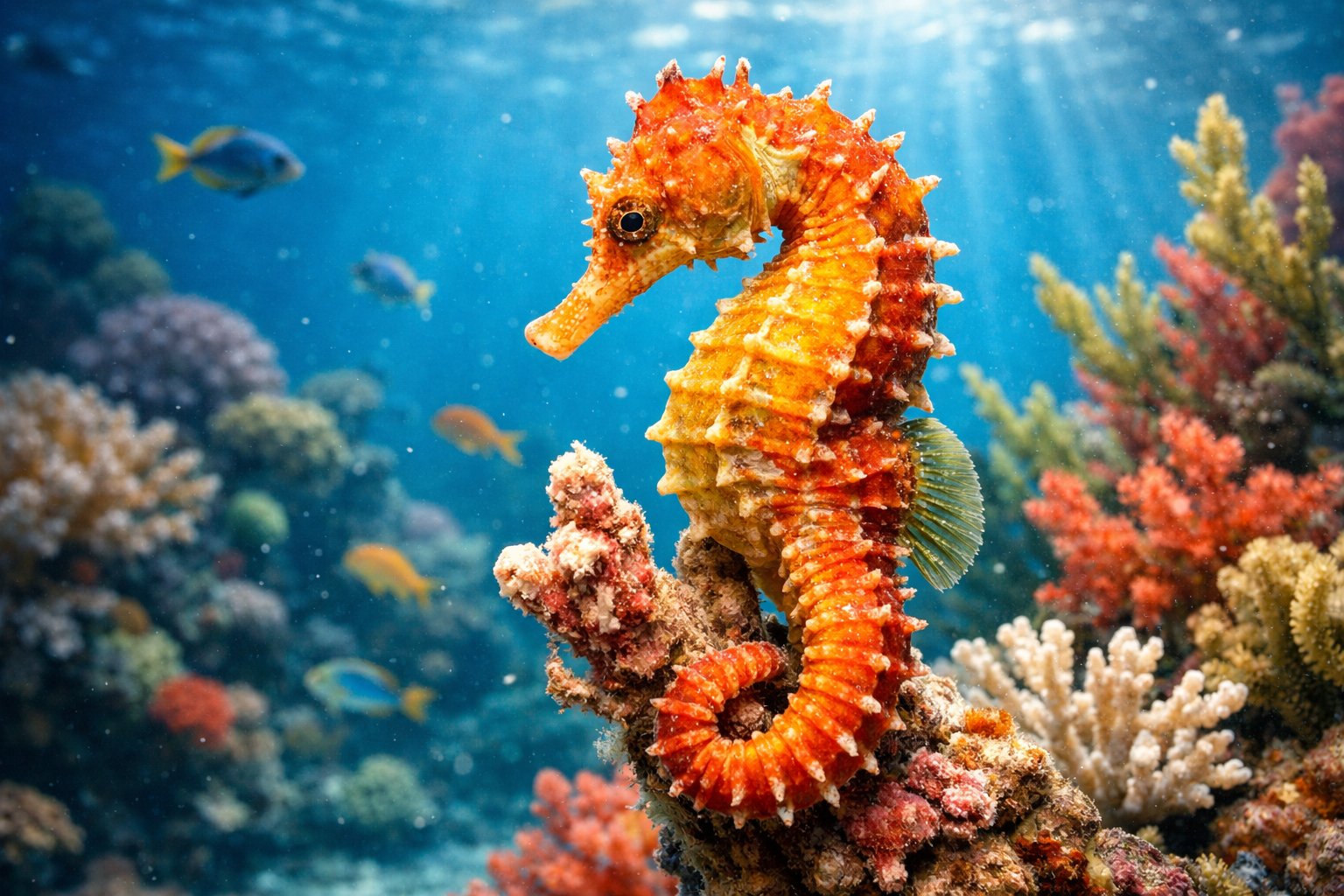 A close-up underwater view of a seahorse clinging to coral in a colorful reef with small fish swimming nearby.