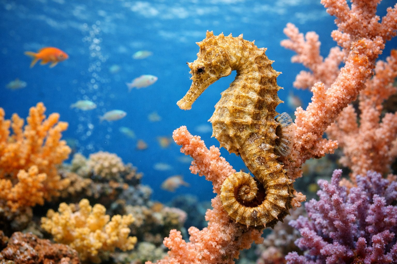 A close-up of a seahorse attached to a coral branch underwater surrounded by colorful coral and small fish.