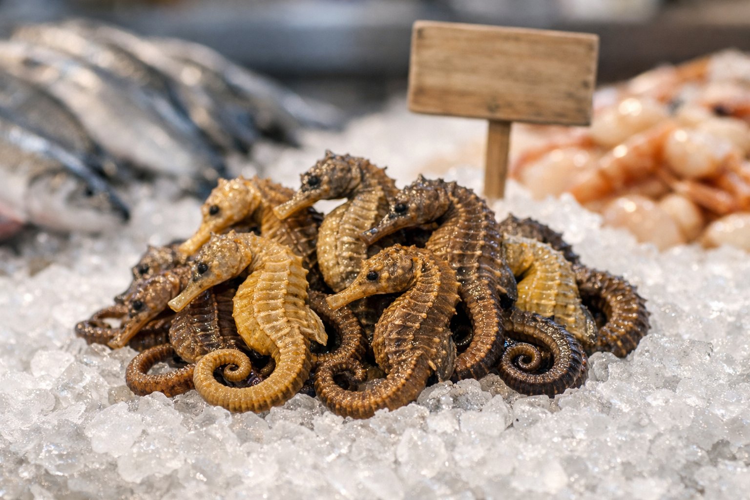 Close-up of fresh seahorses on crushed ice at a seafood market with other seafood blurred in the background.