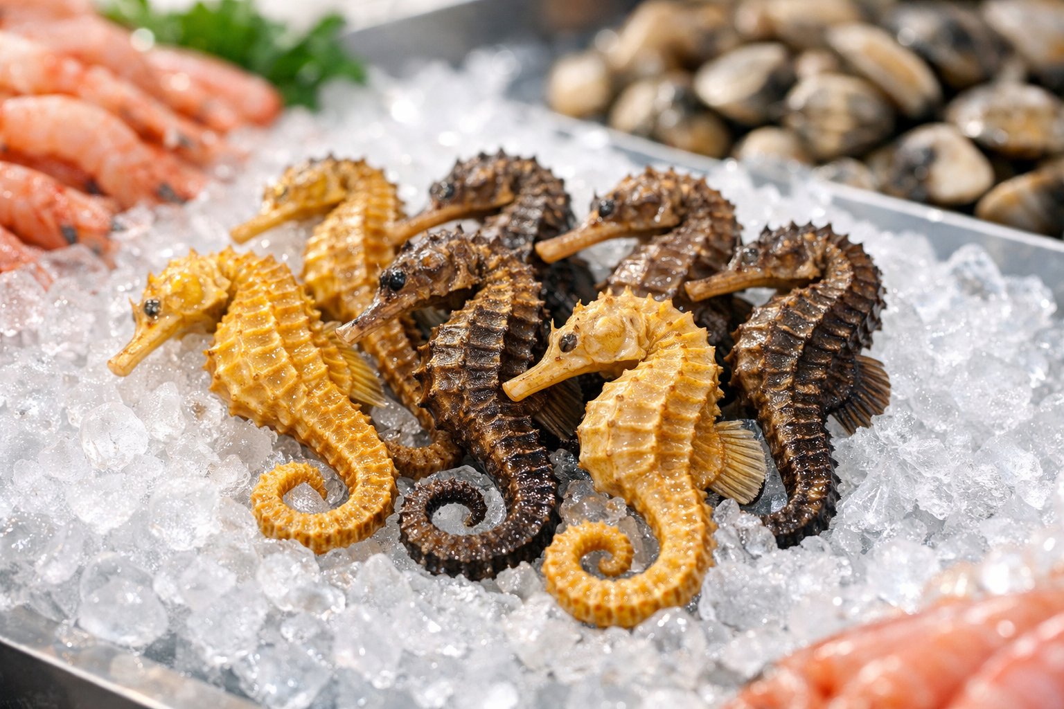 Fresh seahorses displayed on crushed ice at a seafood market stall.